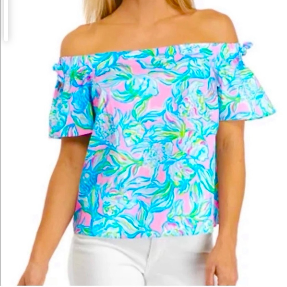 🌴🦩LILLY PULITZER🦩🌴 Off The Shoulder Tamara Top   Pelican Pink Off The Scales